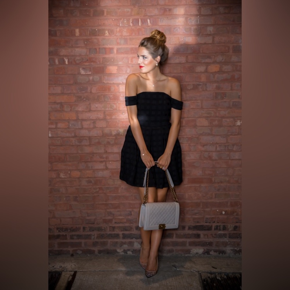 ASOS black, off-the-shoulder, textured dress.